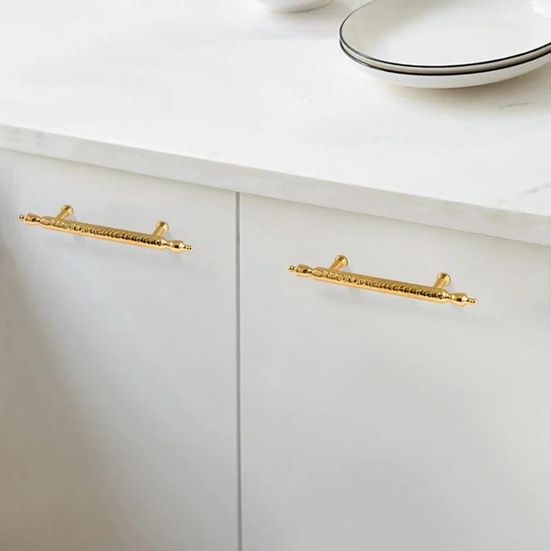 Brass French Cabinet Handles 128mm Hole Center 6168 Hammered Pattern Wardrobe Drawer Pulls - Gold