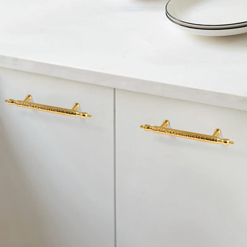 Brass French Cabinet Handles 160mm Hole Centers 6168 Hammered Texture Pulls for Wardrobe, Drawer - Gold