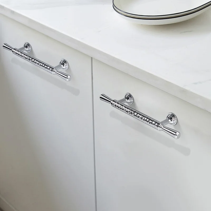 Brass French Cabinet Handles 9074 Hammered Texture 96mm Hole Center Wardrobe Drawer Pulls - Bright Chrome
