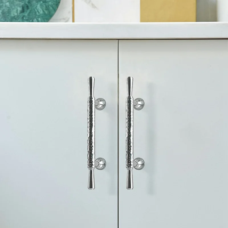 Brass French Cabinet Handles 9074 Hammered Textured 128mm Hole Centers Wardrobe Drawer Pulls - Bright Chrome
