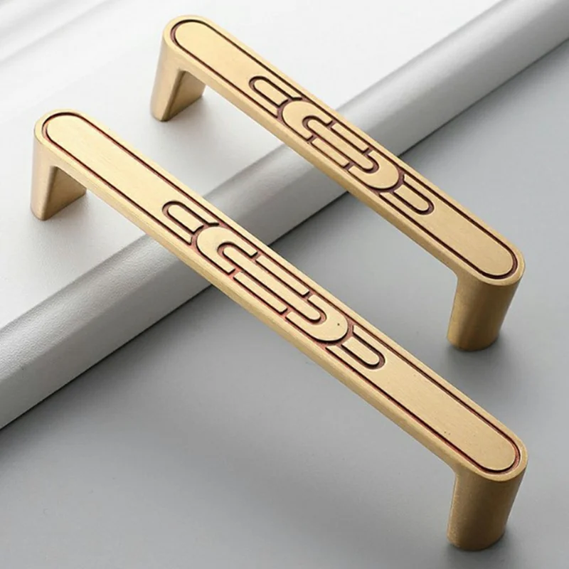 New Chinese-Style Brass Drawer Pull Handles, 96mm Hole Center for Cabinet Wardrobe Dresser Furniture - Gold
