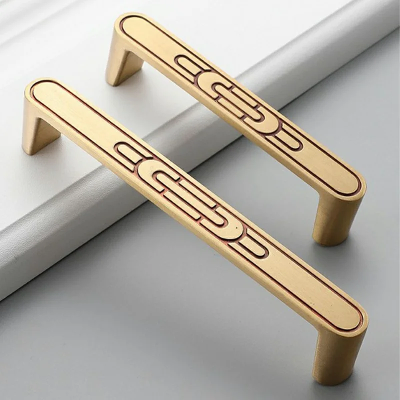 New Chinese-Style Brass Cabinet Drawer Pull Handles, 128mm Hole Center for Wardrobe Furniture Hardware - Gold