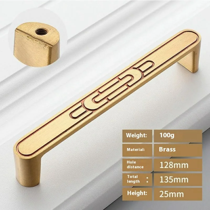 New Chinese-Style Brass Cabinet Drawer Pull Handles, 128mm Hole Center for Wardrobe Furniture Hardware - Gold