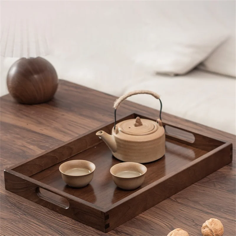 45 x 33 x 4cm Walnut Wood Serving Tray for Tea Coffee Fruit Rectangle Platter with Handles