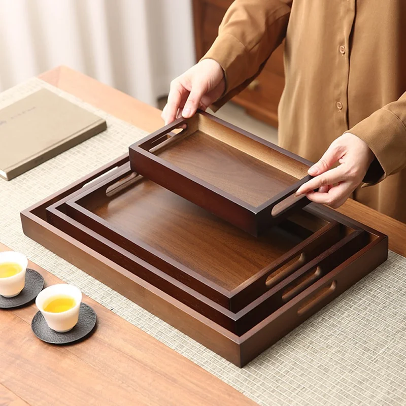 45 x 33 x 4cm Walnut Wood Serving Tray for Tea Coffee Fruit Rectangle Platter with Handles
