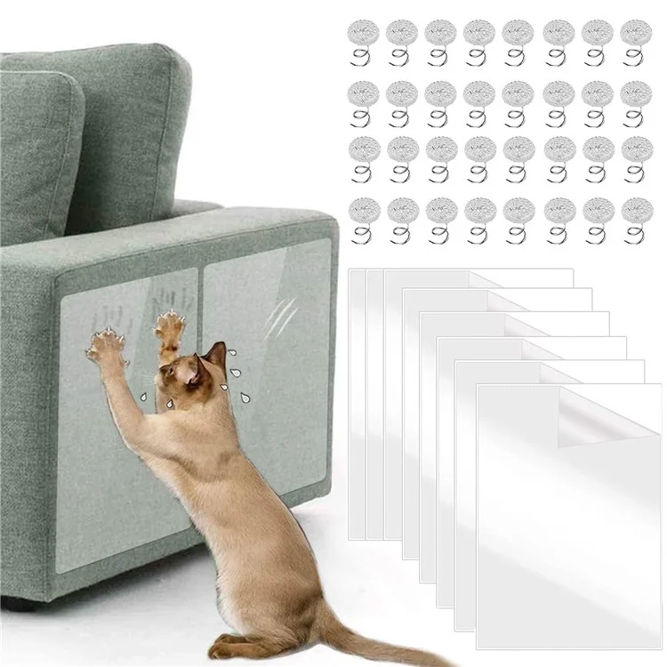 8PCS Cat Scratch Protector Stickers 40x30cm Self-adhesive Protection Mat for Furniture Door Wall Sofa Countertop (with 32PCS Nails)
