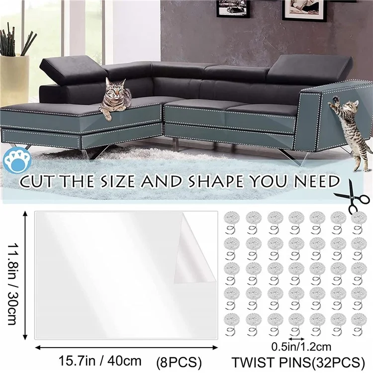 8PCS Cat Scratch Protector Stickers 40x30cm Self-adhesive Protection Mat for Furniture Door Wall Sofa Countertop (with 32PCS Nails)