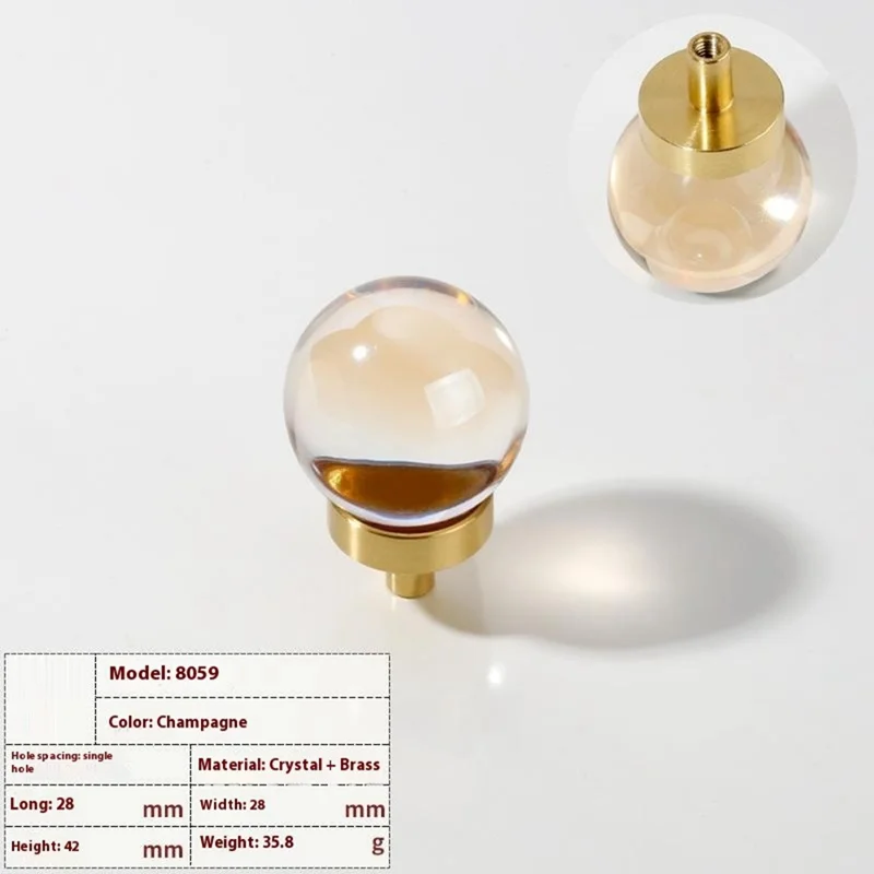 8059 Maniglia per Cassetto a Sfera in Ottone con Cristallo per Mobili e Armadi - Colore Champagne