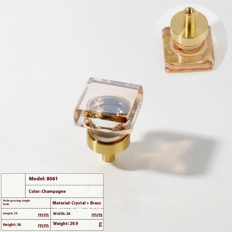 8061 Maniglia per Cassetto e Mobile in Ottone con Cristallo Quadrata - Colore Champagne di Lusso