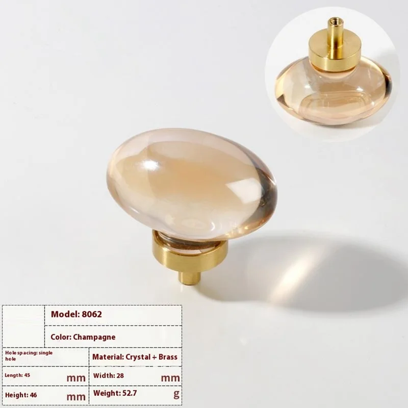 Puxador de Gaveta em Forma de Ovo de Latão 8062 com Cristal - Maçaneta de Móveis de Luxo para Armário e Porta na Cor Champanhe