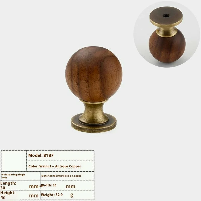 Maniglia per armadietto in legno di noce e ottone da 8187, diametro 30 mm, pomello rotondo per cassetti e armadi - Colore bronzo