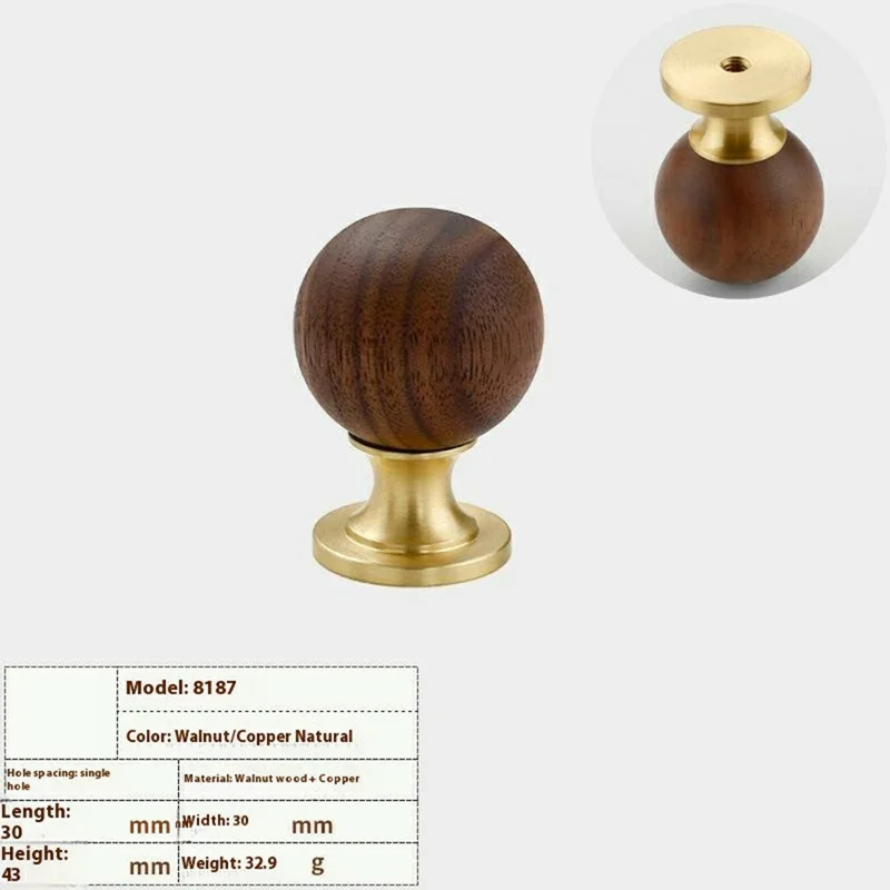 8187 30mm Diameter Walnut Wood Brass Cabinet Door Handle Round Ball Drawer Wardrobe Pull Knob - Copper Color