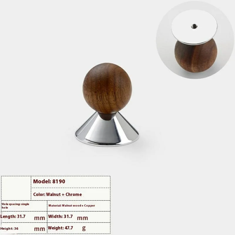 Maniglia per cassetto/armadio con pomello rotondo in legno di noce e ottone da 25 mm - Colore cromato