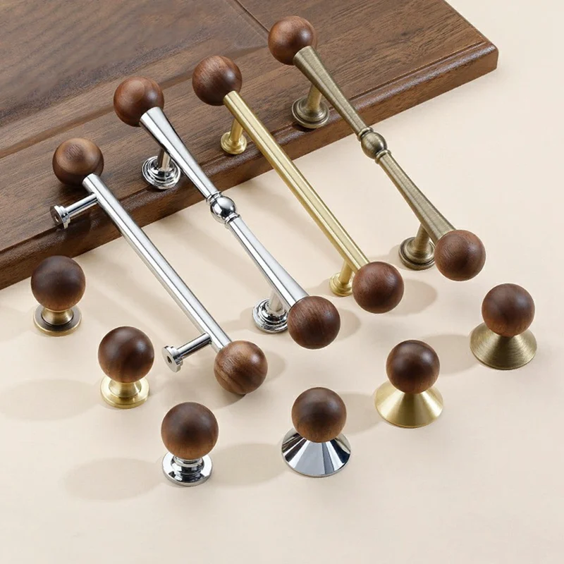 Maniglia per cassetto/armadio con pomello rotondo in legno di noce e ottone da 25 mm - Colore cromato