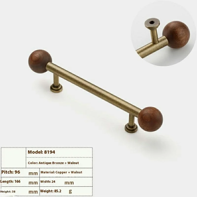 8194 96mm Hole Centers Walnut Cabinet Handles French Style Solid Brass Round Ball Pulls for Wardrobe / Drawer - Bronze