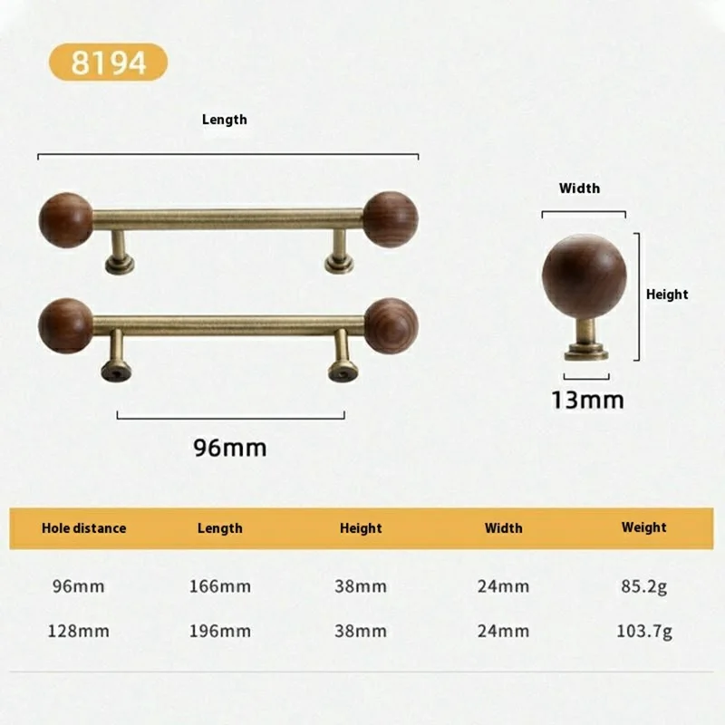8194 96mm Hole Centers Walnut Cabinet Handles French Style Solid Brass Round Ball Pulls for Wardrobe / Drawer - Bronze