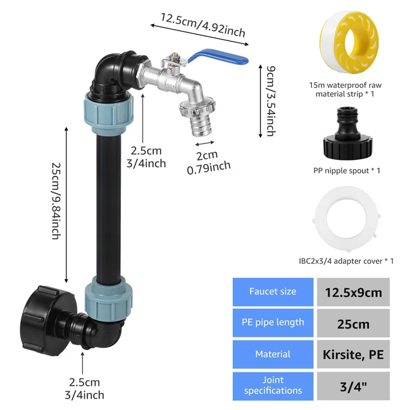 IBC Tank Adapter Kit PE Extension Pipe Elbow Set with 3 / 4 Inch Water Faucet for Liquid Storage - Blue Handle