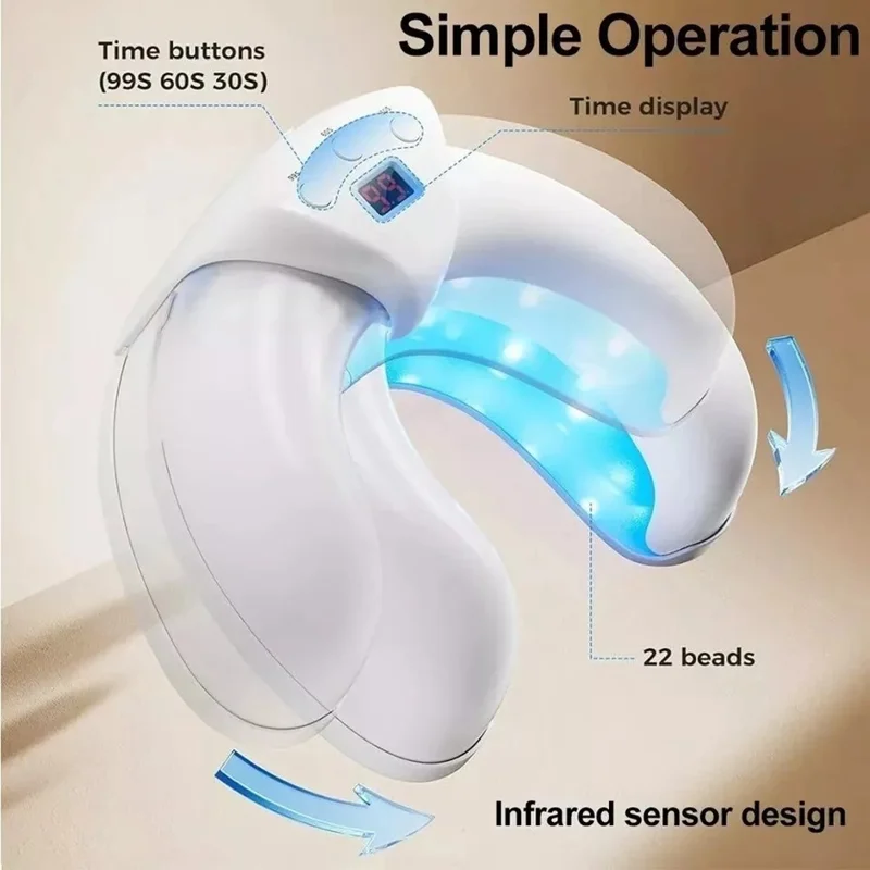 22 UV Lamp Beads Retractable U Shaped Smart Sensor UV Nail Light with Timer for Manicure Pedicure - White