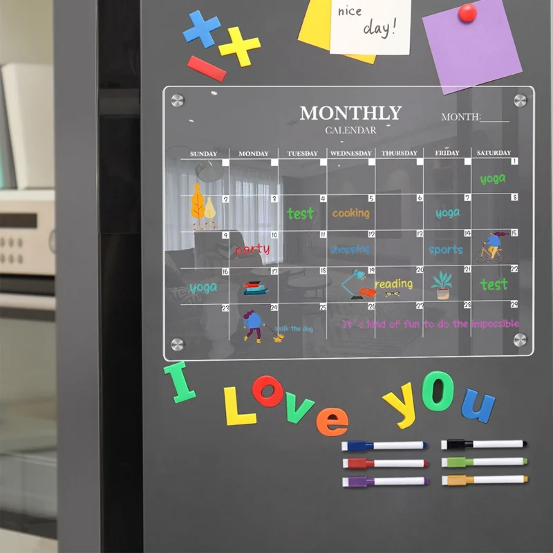 Tableau magnétique transparent en acrylique pour réfrigérateur, format A4, avec planning mensuel et espace pour messages