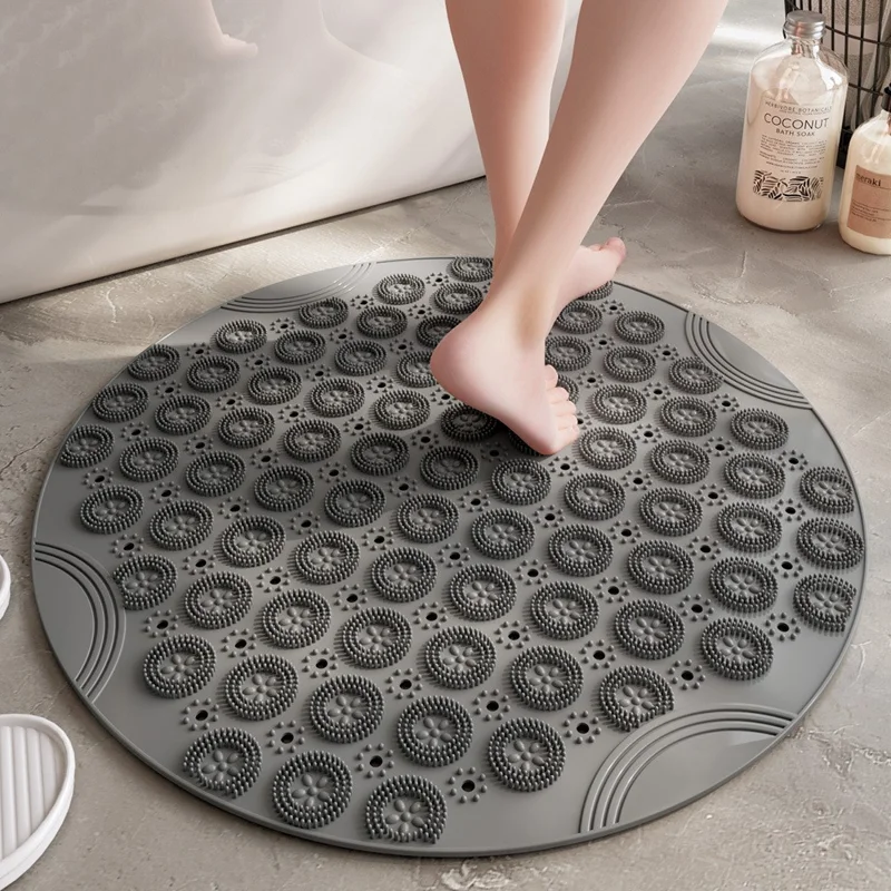 55 x 55cm Non Slip TPE Round Bathroom Mat for Shower Quick Dry Suction Cup Floor Mat Massage Foot Pad - Grey