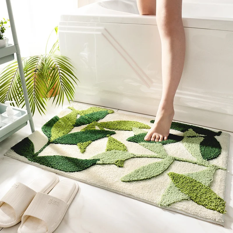 Tapis de bain 50 x 80 cm motif feuilles en microfibre douce, séchage rapide, ultra-absorbant et antidérapant - Style A