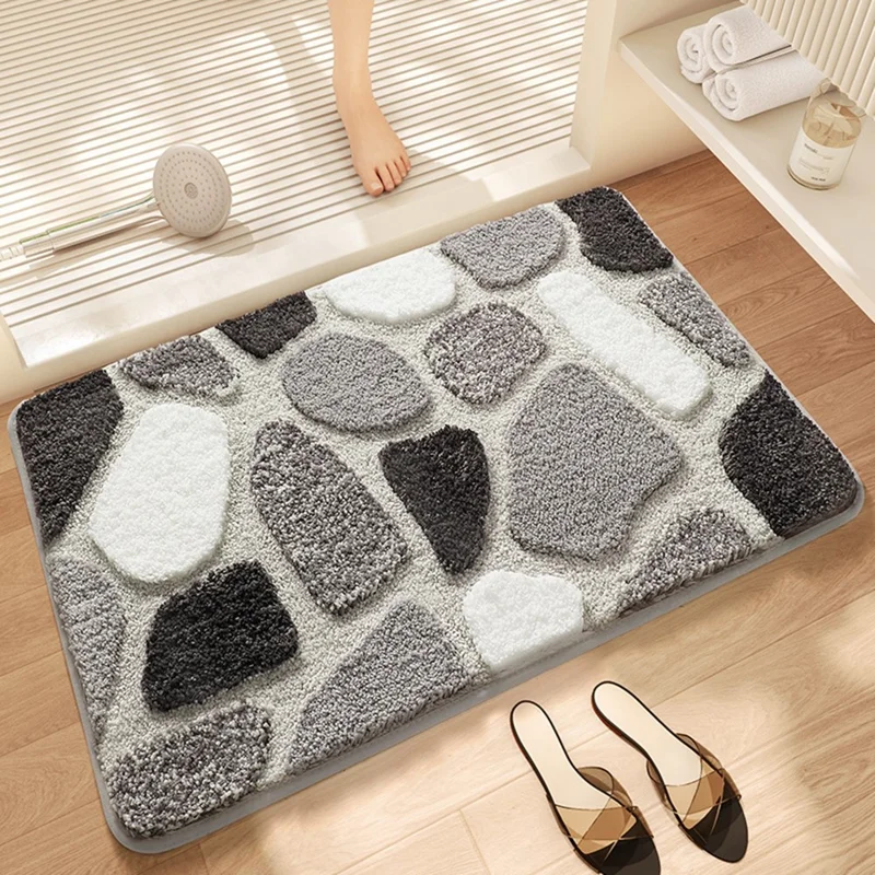 Tapete de Banho 50 x 80cm Textura de Pedra Microfibra Macia Secagem Rápida Ultra Absorvente Antiderrapante - Cinza