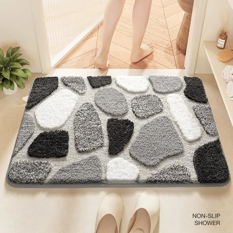 Tapete de Banho 50 x 80cm Textura de Pedra Microfibra Macia Secagem Rápida Ultra Absorvente Antiderrapante - Cinza
