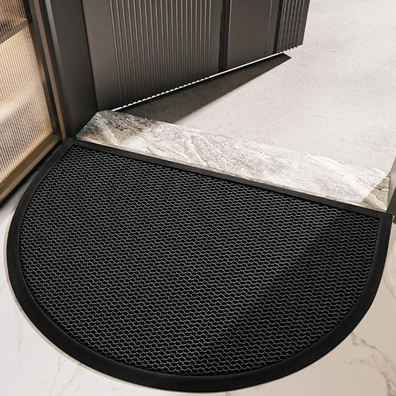 Alfombra de Entrada Semicircular de 60 x 90 cm, Forma Semicircular, Nailon Elástico de Alta Elasticidad, Antideslizante, Atrapa Suciedad - Negro / Gris