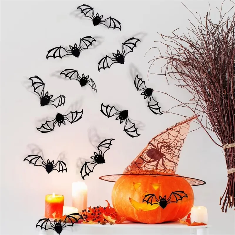 PJ4001 12 Pezzi / Set Adesivi Murali Pipistrelli 3D di Halloween in PVC Rimovibili Spaventosi per Camera da Letto e Soggiorno