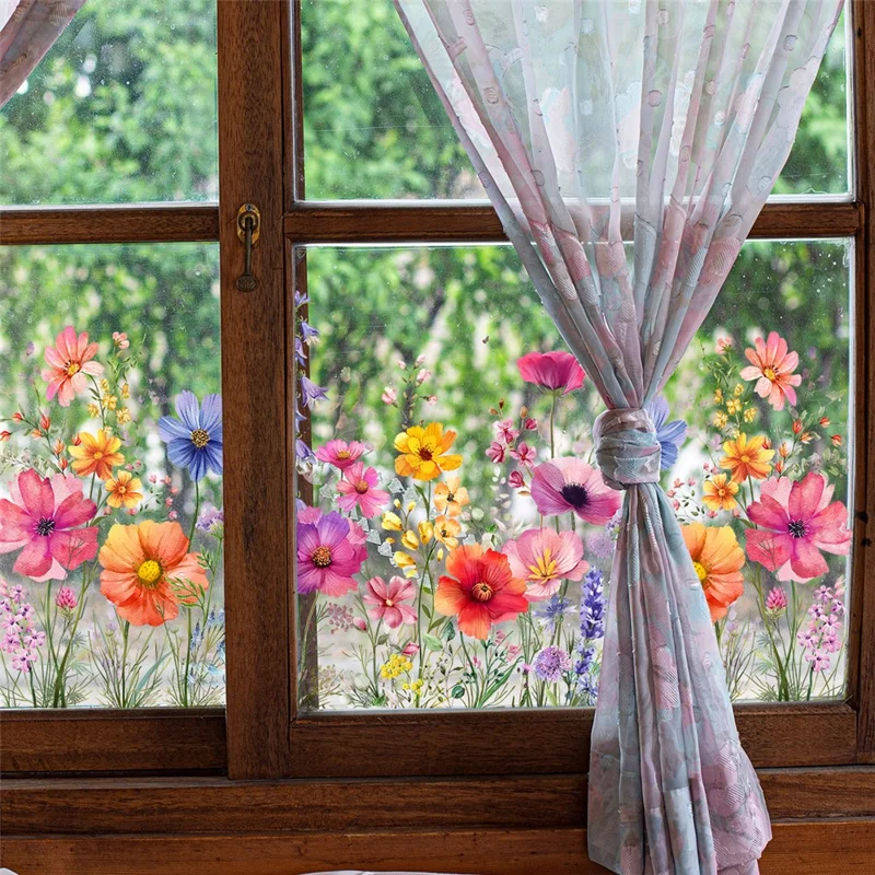 DJ3064 Colorful Floral Double Sided Window Sticker Removable PVC Wall Decal for Living Room Bedroom