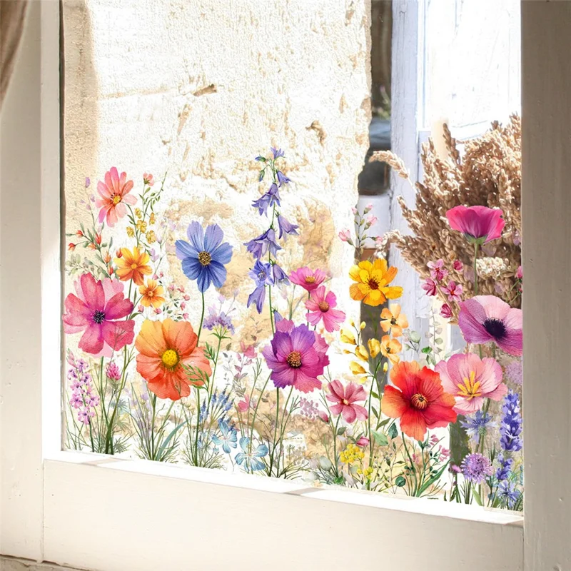 DJ3064 Colorful Floral Double Sided Window Sticker Removable PVC Wall Decal for Living Room Bedroom