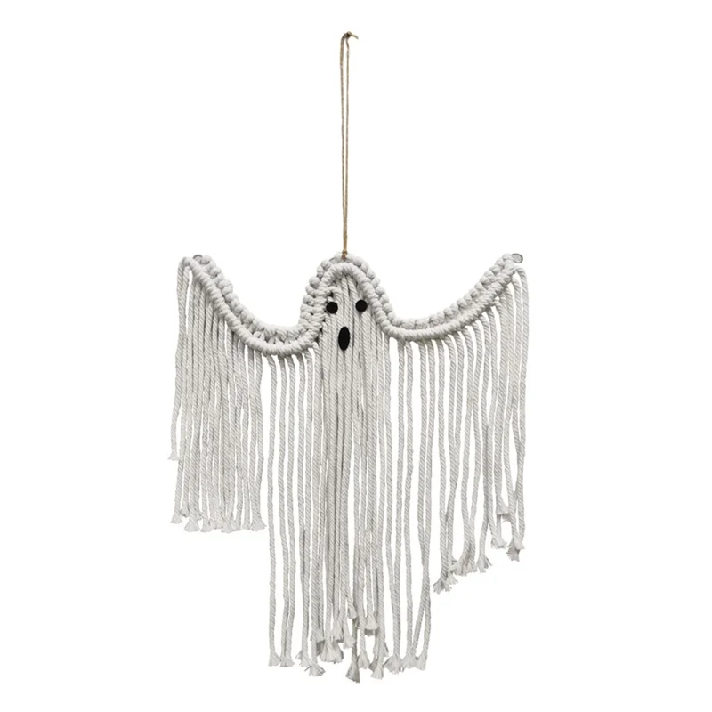 Halloween Handmade Woven White Ghost Tapestry Spooky Holiday Wall Hanging Decoration, Size S