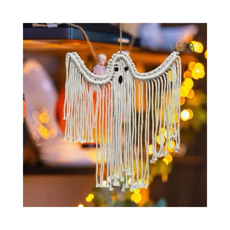 Halloween Handmade Woven White Ghost Tapestry Spooky Holiday Wall Hanging Decoration, Size S
