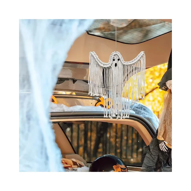 Halloween Handmade Woven White Ghost Tapestry Spooky Holiday Wall Hanging Decoration, Size S