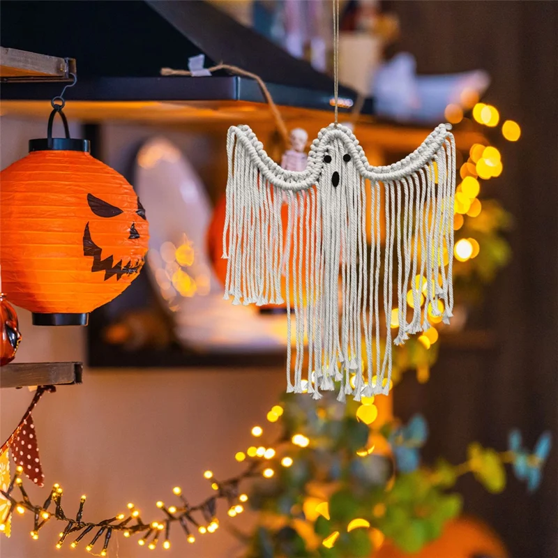 Halloween Handmade Woven White Ghost Tapestry Spooky Holiday Wall Hanging Decoration, Size S