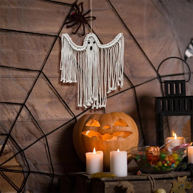Halloween Handmade Woven White Ghost Tapestry Spooky Holiday Wall Hanging Decoration, Size S