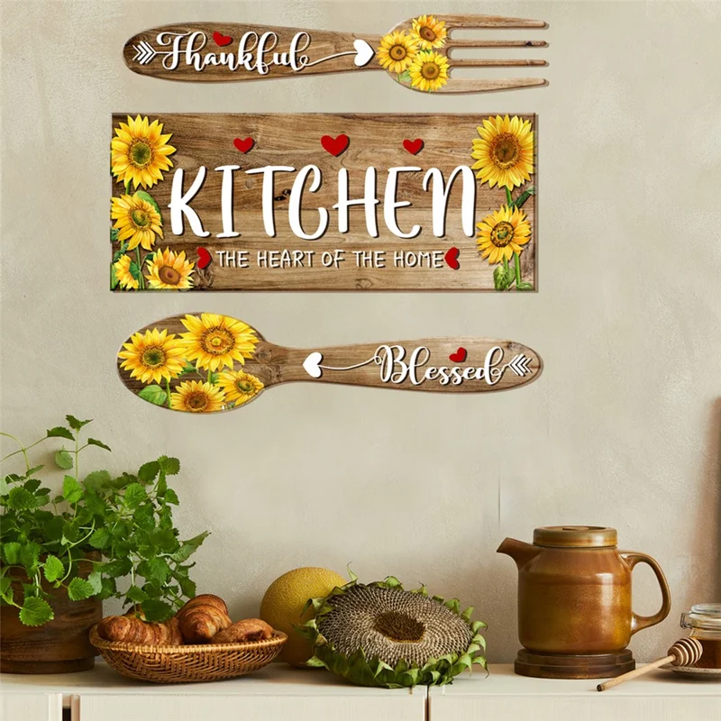 2Pcs / Set Sunflower Spoon Fork Pattern Wall Sticker Kitchen Dining Room Decor Removable Waterproof PVC Decal