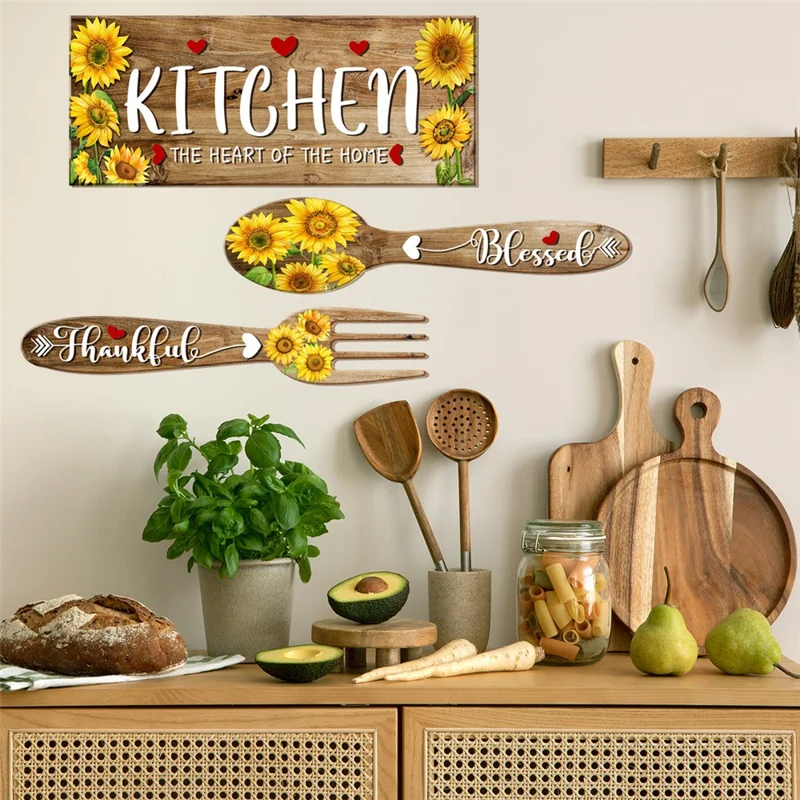 2Pcs / Set Sunflower Spoon Fork Pattern Wall Sticker Kitchen Dining Room Decor Removable Waterproof PVC Decal