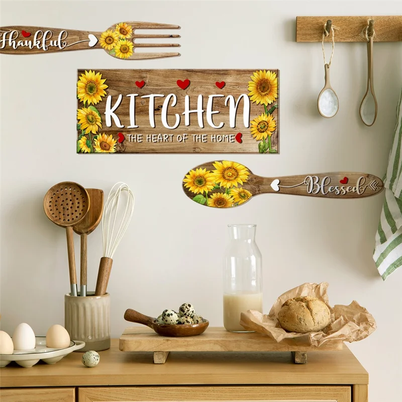 2Pcs / Set Sunflower Spoon Fork Pattern Wall Sticker Kitchen Dining Room Decor Removable Waterproof PVC Decal