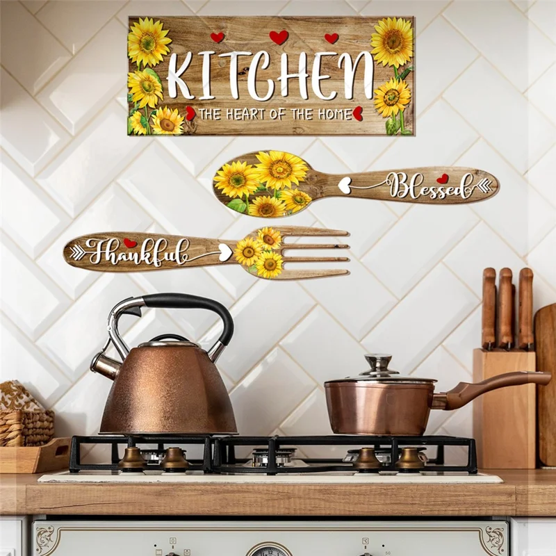 2Pcs / Set Sunflower Spoon Fork Pattern Wall Sticker Kitchen Dining Room Decor Removable Waterproof PVC Decal