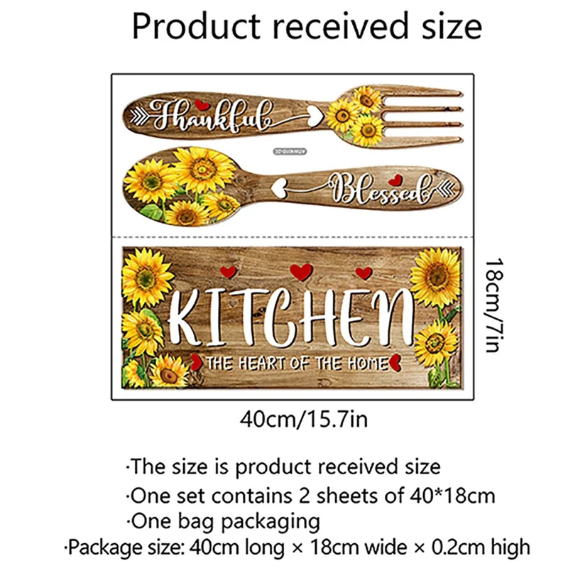 2Pcs / Set Sunflower Spoon Fork Pattern Wall Sticker Kitchen Dining Room Decor Removable Waterproof PVC Decal
