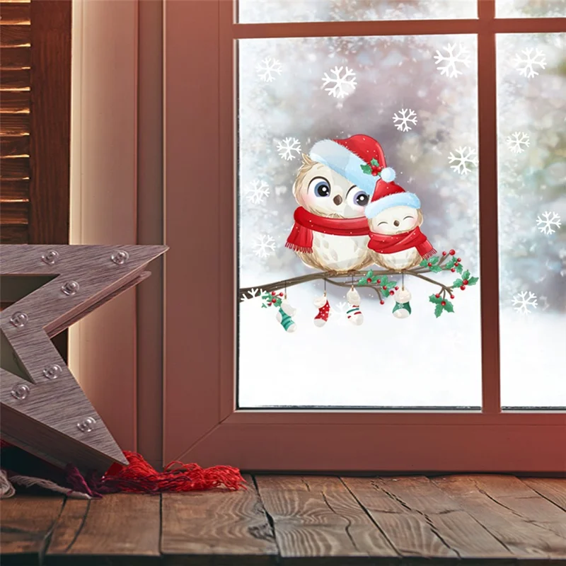 Autocollant mural de Noël en PVC avec motif de flocons de neige et d'oiseaux - 40 x 28 cm, amovible et décoratif pour fenêtre et vitre