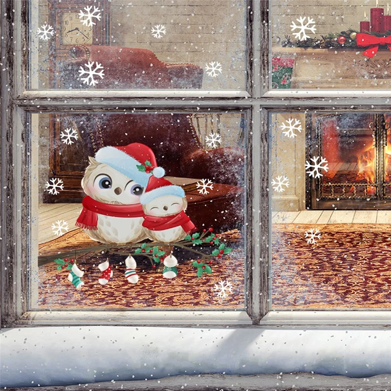 Autocollant mural de Noël en PVC avec motif de flocons de neige et d'oiseaux - 40 x 28 cm, amovible et décoratif pour fenêtre et vitre