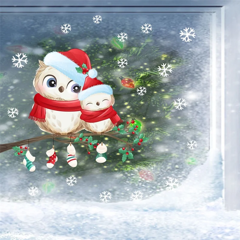 Autocollant mural de Noël en PVC avec motif de flocons de neige et d'oiseaux - 40 x 28 cm, amovible et décoratif pour fenêtre et vitre