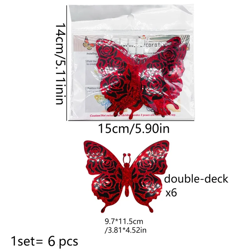 6Pcs / Set 3D Butterfly Wall Decals PVC Glitter Decorative Stickers for Home Shop Party - PJD4012