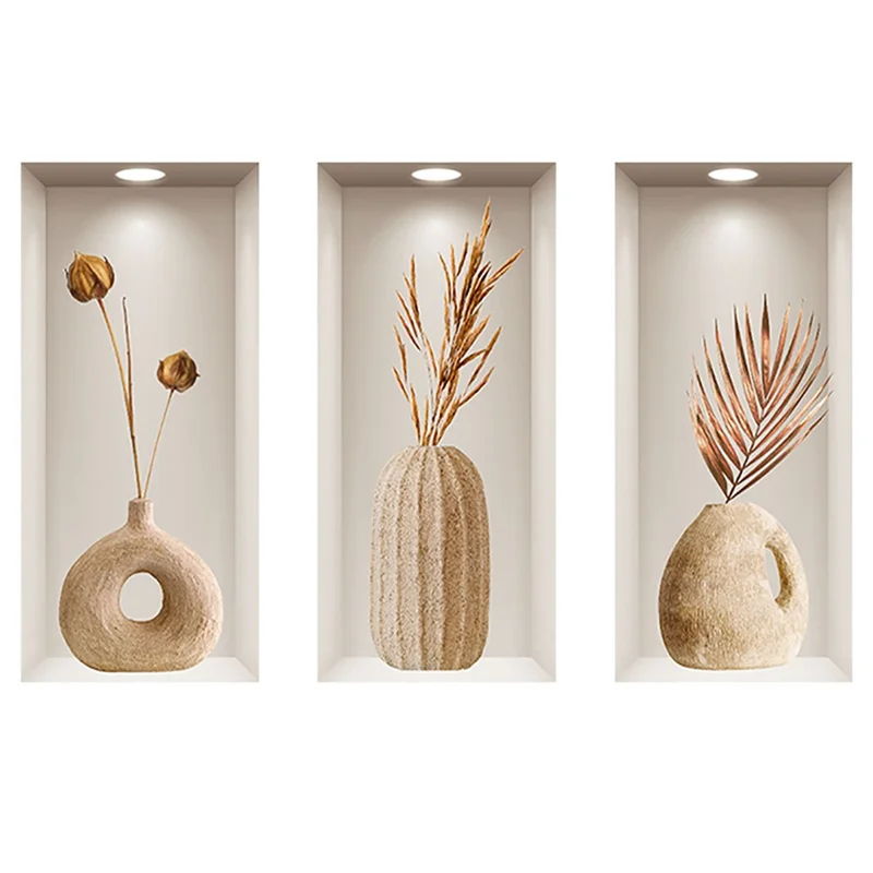 Conjunto de 3 Unidades Vaso de Efecto 3D Adhesivos de Pared de Arcilla PVC Decoración Mural Decorativa para Entrada y Pasillo