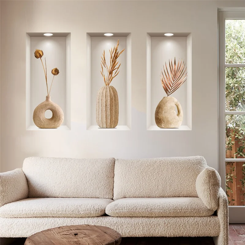 Conjunto de 3 Unidades Vaso de Efecto 3D Adhesivos de Pared de Arcilla PVC Decoración Mural Decorativa para Entrada y Pasillo