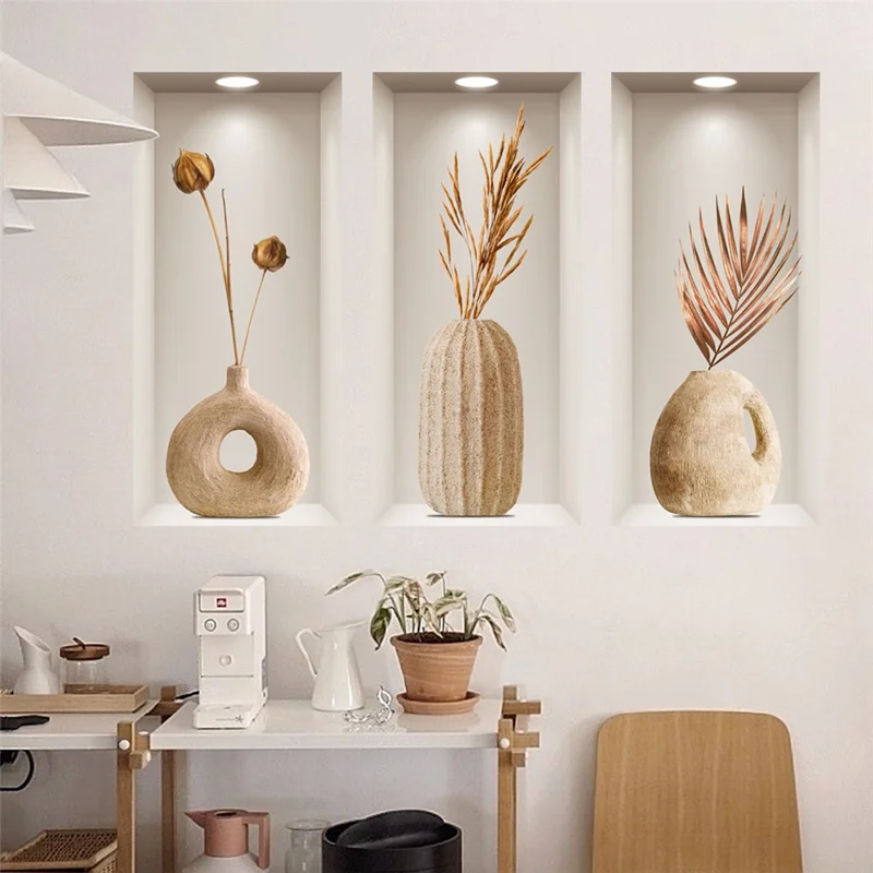 Conjunto de 3 Unidades Vaso de Efecto 3D Adhesivos de Pared de Arcilla PVC Decoración Mural Decorativa para Entrada y Pasillo