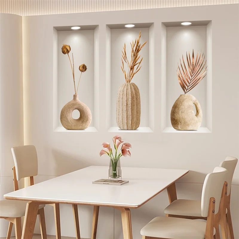 Conjunto de 3 Unidades Vaso de Efecto 3D Adhesivos de Pared de Arcilla PVC Decoración Mural Decorativa para Entrada y Pasillo