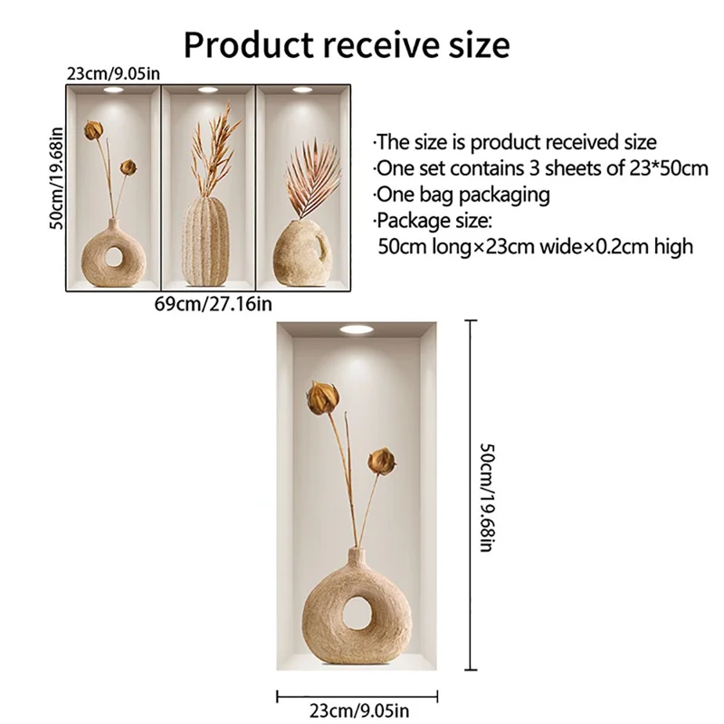 Conjunto de 3 Unidades Vaso de Efecto 3D Adhesivos de Pared de Arcilla PVC Decoración Mural Decorativa para Entrada y Pasillo